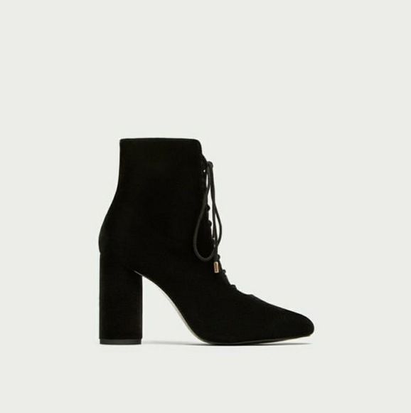 Zara Lace-Up Black Velvet Ankle Boots - Picture 2 of 8